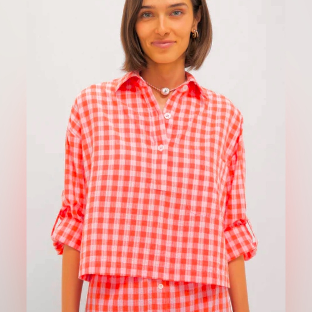 NWT  Tuckernuck Size XS Orange Pink Seersucker Augustus Cropped Shirt